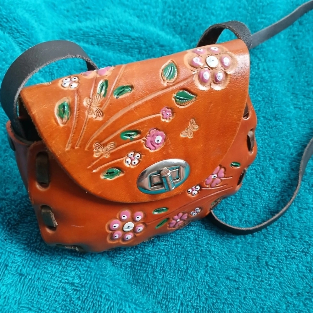 70s Leather Tooled Bag Floral Mini Crossbody Bag Baja Retro Cowgirl Boho - Picture 9 of 9